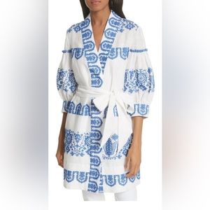 Milly Mykonos Embroidered Tie Waist Linen Agnes Dress, Cobalt, Size P/XS